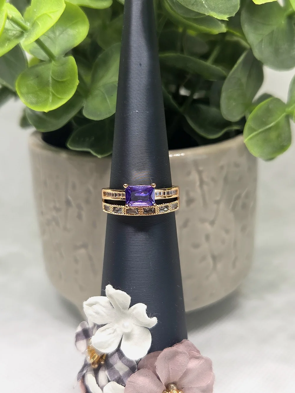 BP Gold-Tone Ring with Purple Center Stone and Accent Band